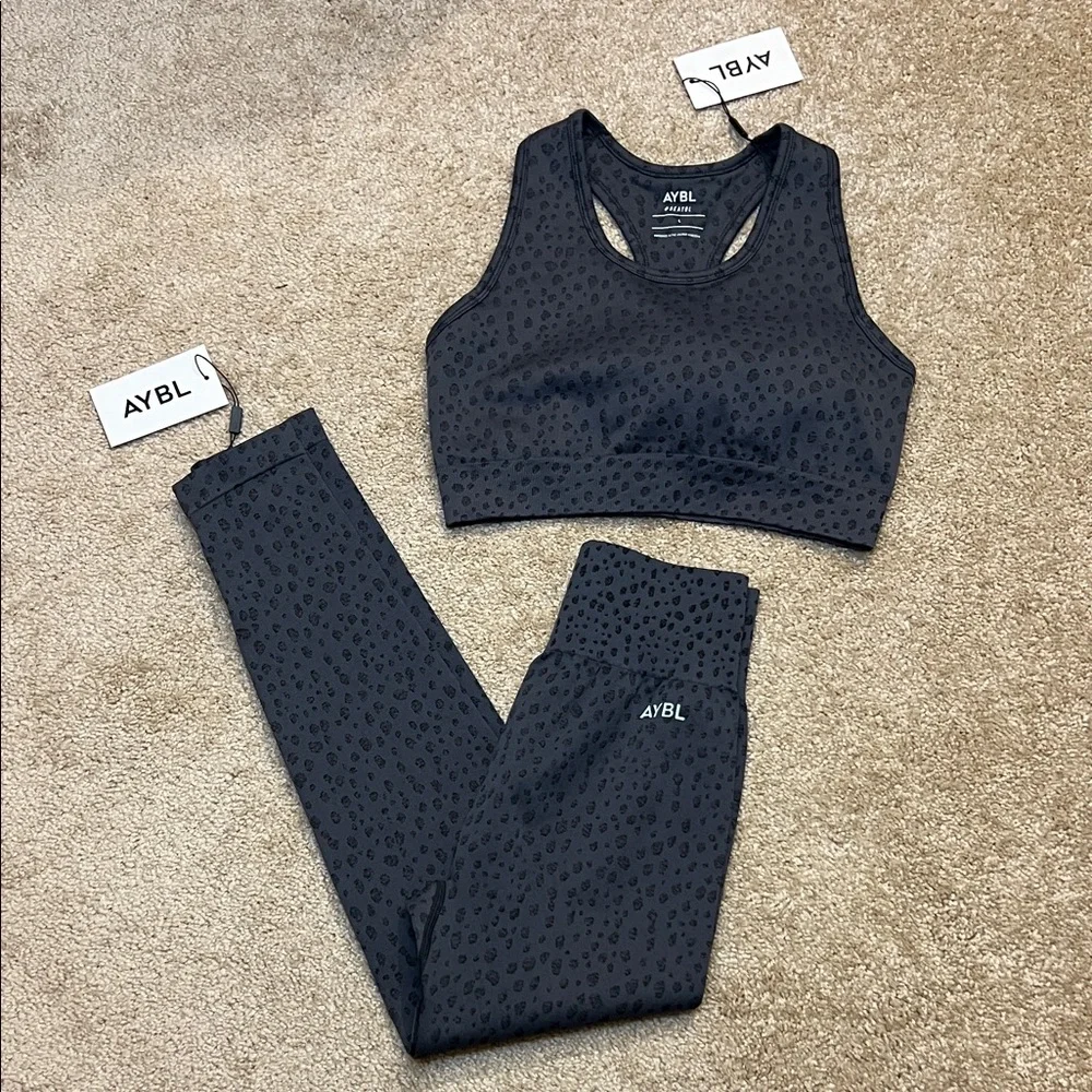AYBL Evolve Speckle Seamless Charcoal Leopard Print Activewear Set Medium Large - Picture 3 of 11